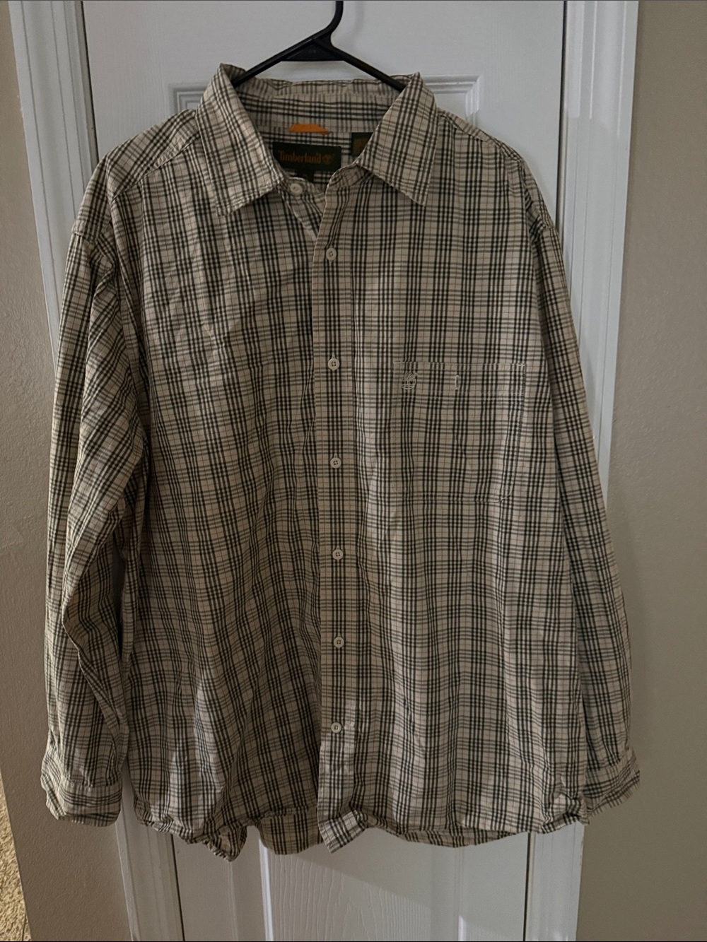Timberland Men's Beige and Black Plaid Button-Down Shirt